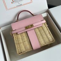Hermes Kelly Picnic Mini Bag Wicker and Swift Leather Gold/Palladium Hardware In Pink