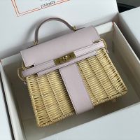 Hermes Kelly Picnic Mini Bag Wicker and Swift Leather Gold/Palladium Hardware In Purple