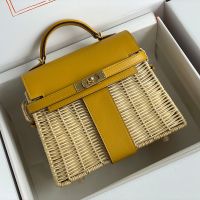 Hermes Kelly Picnic Mini Bag Wicker and Swift Leather Gold/Palladium Hardware In Yellow
