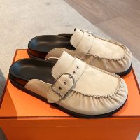 Hermes Key Mules Unisex Suede In Khaki