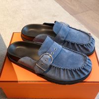 Hermes Key Mules Unisex Suede In Navy Blue