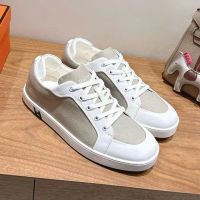 Hermes Kid Sneakers Unisex Canvas and Calfskin In White/Grey
