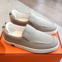 Hermes Kiddy Slip-On Sneakers Unisex Canvas In Light Grey