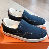 Hermes Kiddy Slip-On Sneakers Unisex Canvas In Navy Blue/Beige