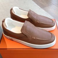 Hermes Kiddy Slip-On Sneakers Unisex Epsom Calfskin In Coffee