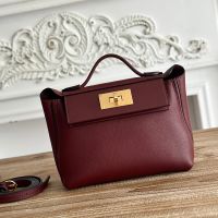 Hermes Mini 24/24 Bag Evercolor/Swift Leather Gold Hardware In Burgundy