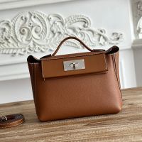 Hermes Mini 24/24 Bag Evercolor/Swift Leather Palladium Hardware In Brown/White