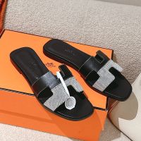 Hermes Oran Slides Women Calfskin And Canvas In Black/White