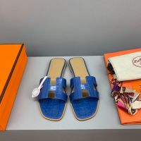 Hermes Oran Slides Women Crocodile Leather In Blue