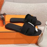 Hermes Oran Slides Women Fringed Linen Canvas In Black