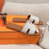 Hermes Oran Slides Women Fringed Linen Canvas In White