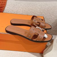 Hermes Oran Slides Women Medor Studs Calfskin In Brown
