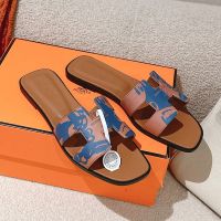 Hermes Oran Slides Women Printed Calfskin In Brown/Blue