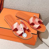 Hermes Oran Slides Women Printed Calfskin In Brown/Red