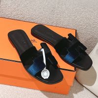 Hermes Oran Slides Women Two-tone Velvet In Black/Blue