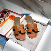 Hermes Oran Slides Women Calf Leather In Brown