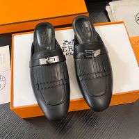 Hermes Oz Mules Women Calfskin with Fringe and Kelly Buckle In Black