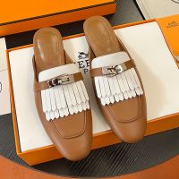 Hermes Oz Mules Women Calfskin with Fringe and Kelly Buckle In Brown/White