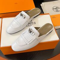 Hermes Oz Mules Women Calfskin with Fringe and Kelly Buckle In White