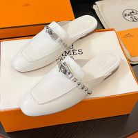 Hermes Oz Mules Women Calfskin with Medor Studs Kelly Buckle In White