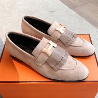 Hermes Royal Loafers Women Suede with Leather Fringe In Camel