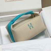 Hermes Trousse Bride-A-Brac Case Canvas Palladium Hardware In Beige/Teal