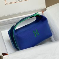 Hermes Trousse Bride-A-Brac Case Canvas Palladium Hardware In Blue/Green