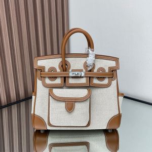 Hermes Birkin Cargo 25 Bag Canvas and Swift Leather Palladium Hardware In Beige/Brown