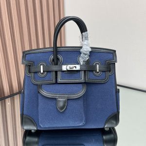 Hermes Birkin Cargo 25 Bag Canvas and Swift Leather Palladium Hardware In Blue