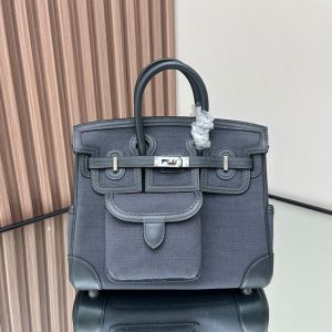Hermes Birkin Cargo 25 Bag Canvas and Swift Leather Palladium Hardware In Navy Blue