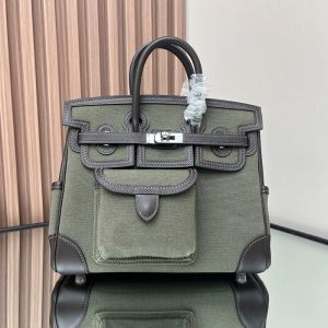 Hermes Birkin Cargo 25 Bag Canvas and Swift Leather Palladium Hardware In Olive
