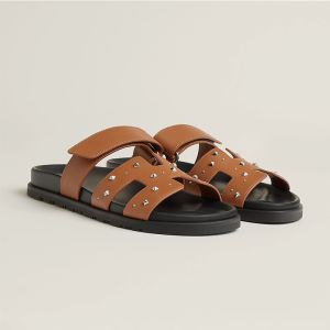Hermes Chypre Slides Unisex Medor Studs Calfskin In Brown/Black
