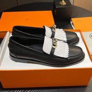 Hermes Destin Loafers Women Calfskin with Fringe and Kelly Buckle In Black/White