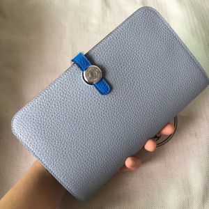 Hermes Dogon Duo Wallet Color Blocking Togo Leather Palladium Hardware In Sky Blue/Blue