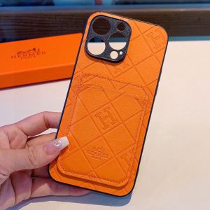 Hermes iPhone Case Embossing Leather with Card Holder Orange