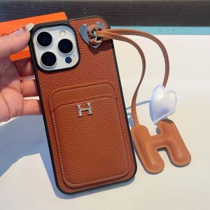 Hermes iPhone Case Grained Calfskin with Card Holder and Heart Charm Brown