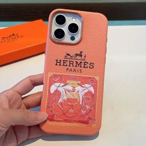 Hermes iPhone Case Grained Calfskin with Printed Pattern Brown