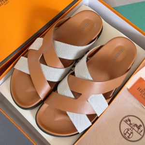 Hermes Kazimir Slides Unisex Calfskin and Canvas In Brown/White
