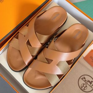 Hermes Kazimir Slides Unisex Woven Ribbon and Calfskin In Brown