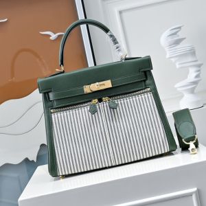 Hermes Kelly Lakis Bag Striped Canvas and Swift Leather Gold/Palladium Hardware Green