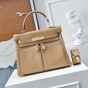 Hermes Kelly Lakis Bag Swift Leather Gold/Palladium Hardware Camel