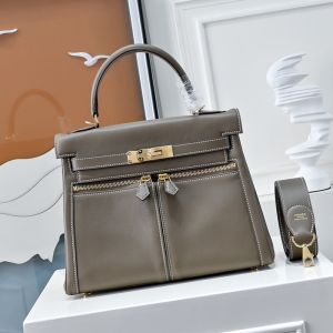 Hermes Kelly Lakis Bag Swift Leather Gold/Palladium Hardware Khaki