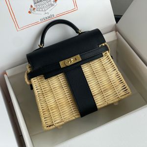 Hermes Kelly Picnic Mini Bag Wicker and Swift Leather Gold/Palladium Hardware In Black