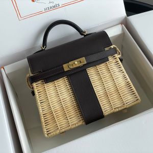Hermes Kelly Picnic Mini Bag Wicker and Swift Leather Gold/Palladium Hardware In Burgundy