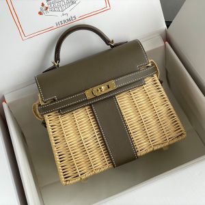 Hermes Kelly Picnic Mini Bag Wicker and Swift Leather Gold/Palladium Hardware In Khaki