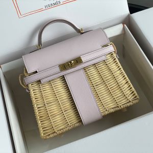 Hermes Kelly Picnic Mini Bag Wicker and Swift Leather Gold/Palladium Hardware In Purple