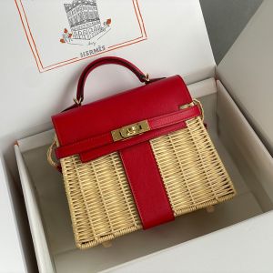 Hermes Kelly Picnic Mini Bag Wicker and Swift Leather Gold/Palladium Hardware In Red