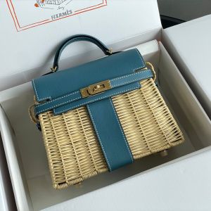 Hermes Kelly Picnic Mini Bag Wicker and Swift Leather Gold/Palladium Hardware In Teal
