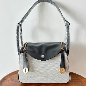 Hermes Lindy Bag Canvas and Swift Leather Gold/Palladium Hardware Beige/Black