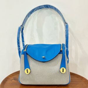 Hermes Lindy Bag Canvas and Swift Leather Gold/Palladium Hardware Beige/Blue
